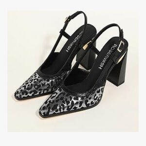 Ros Hommerson Black and Silver Patterned Slingback Heels